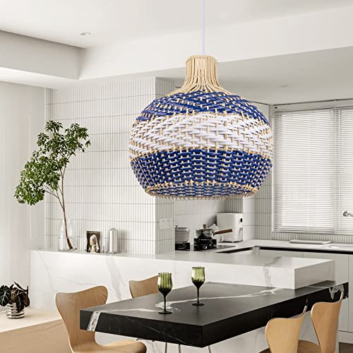 Arturesthome Hand-Woven Rattan Chandelier, Rattan Pendant Light Fixtures Ceiling, Wicker Hanging Lamp for Dining Room Bedroom Kitchen Island Blue - Image 4