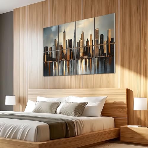8 Pack Art Acoustic Panels Sound Absorbing City Gold Grey Modern Cityscape Skyscrapers Buildings Glass Facades Decorative Soundproof Wall Panels Self Adhesive for Recording Studios Office 48"x32" miniatura 5