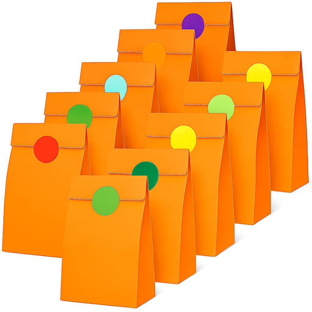 Thepaperbagstore 25 Orange Paper Party Bags + 25 Colour Dot Stickers, Kids Party, Gift, Craft and Sweet Bags โ 140x245x70mm
