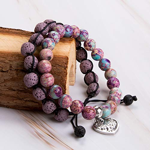 Bivei Life Tree Bracelet - Lava Stone Essential Oil Gemstone Beaded Yoga Meditation Regalite Stone Beach Charm Bracelet Set3