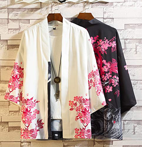 LifeHe Men\'s Kimono Cardigan Japanese Printed 3/4 Sleeve Open Front Shirt Jacket Black - Thumbnail 5