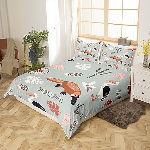 Kids Cartoon Bedding Set Single Size Funny Platypus Pelican Duvet Cover Cute Australian Animals Comforter Cover for Teens Adults,Rustic Botanical Plants Flowers Quilt Cover 2Pcs,Platypus Decorations - Image 3