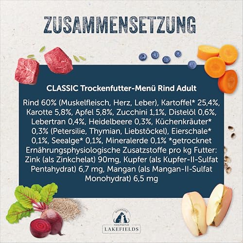 Lakefields Classic Hundefutter trocken | Rind 60% | 1kg | Getreidefreies Trockenfutter für kleine Hunde | Extra kleine Kroketten | Karotten, Äpfel & Heidelbeeren | Schonend gebacken
