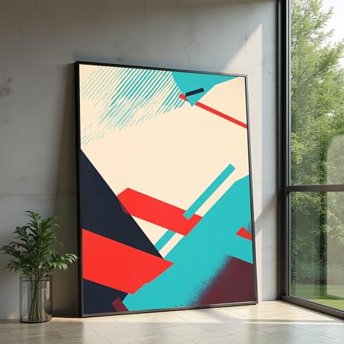 Toile géométrique abstraite rouge noir bleu 60x90cm art mural contemporain