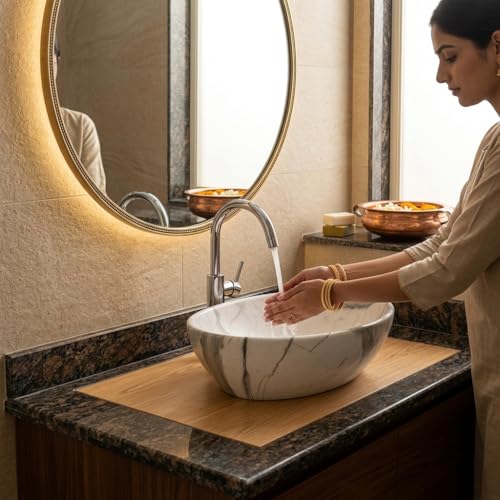 Image of Ceramic Tabletop Wash Basin - Glossy Bowl Shape Countertop Vessel Sink with Marble Finish for Bathroom & Vanity | Compact 16 x 13 x 5 Inch | Elegant Washbasin