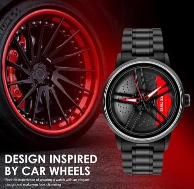 Image of Gyro Men's Black Dial Analogue Watch New Wheel Spinning Creative Fashion League Fans Butterfly Double Snap Gift Wrist Watch (Red,5)