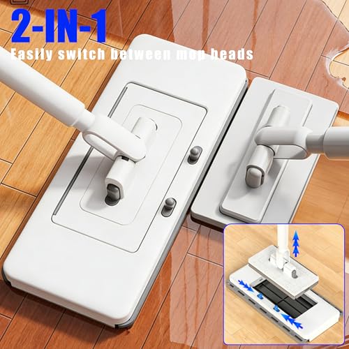 Image of Upgrade Push Clamp Mop Kit - 2-in-1 Full Size Lazy Sweeper Mop with Convenient Cloth Changing, Compatible with Swiffer Pads, Hardwood Tile Marble Floor Cleaning, 52in with 10 Reusable Cloths