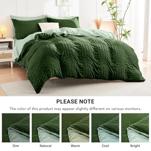 Image of HYMOKEGE Dark Green /Sage Green California King Comforter Set Seersucker 7 Pieces, All Season Luxury Bed in a Bag for Bedroom, Bedding Set with Comforter, Sheets, Pillowcases & Shams