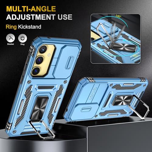 Image of Polycarbonate Slide Camera Cover with Ring Holder Mobile Phone Back Cover for Samsung Galaxy A55 5G (Blue)
