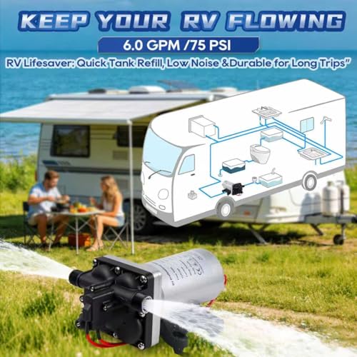 Image of [Upgraded Version] 12V DC RV Fresh Water Pump, 6.0GPM 75PSI, Five Chamber Self-Priming Diaphragm Pump with Heavy Duty Pressure Switch & Strainer for RV, Marine, Yacht, Caravan, Camper