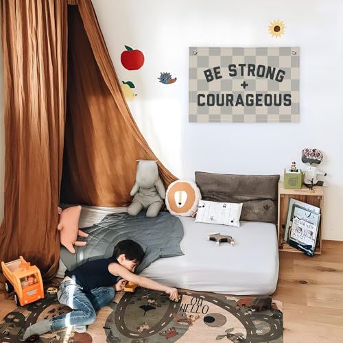 Image of Motivational Quotes Boys Room Decor，Be Strong Courageous Bibie Joshua 1:9 Playroom Decor Linen Canvas Banner,Vintage Checkered Wall Hanging Flag Decor for Kids Toddler Room 30x20 bestrong