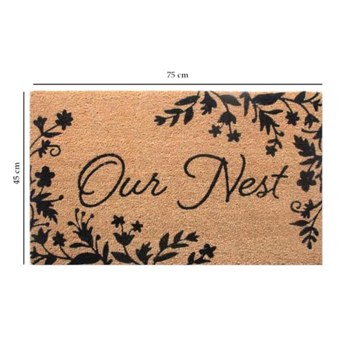 Image of ATMAH Our Nest Floral Coir Door Mat 45 x 75 cm | Heavy Duty Entrance Mat | Anti Slip PVC Backing | Indoor & Covered Outdoor Doormat