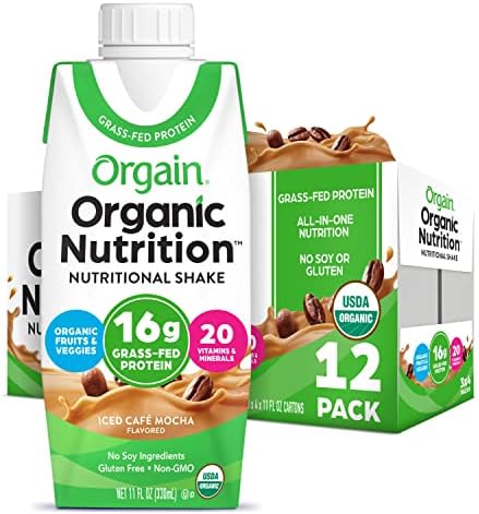 Orgain Organic Nutritional Shake, Iced Cafe Mocha - 16g Grass Fed Whey Protein, 20 Vitamins & Minerals, Gluten Free, Soy Free, Kosher, Non-GMO, 11 Fl Oz (Pack of 12)