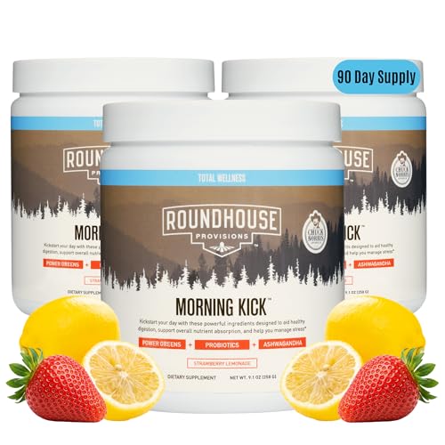 Image of ROUNDHOUSE PROVISION Morning Kick, Greens Superfood Powder Supplement with Ashwagandha, Collagen & Probiotics - Sugar Free, Caffeine Free (3 Pack, Strawberry Lemonade Flavor) by Chuck Norris