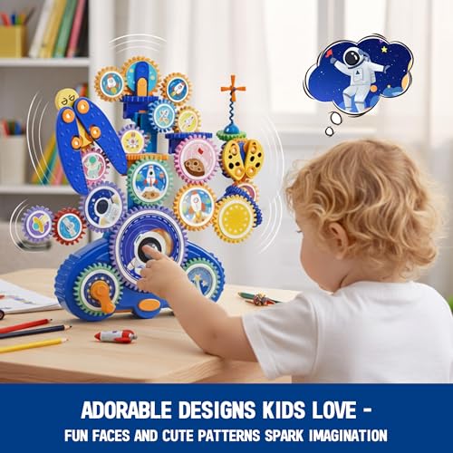 Image of Motorized Spinning Gear Building Toys for Kids, Space Rocket STEM Construction Set, Educational Interlocking Building Blocks Puzzle | Gear Toys for Toddlers Ages 3-8