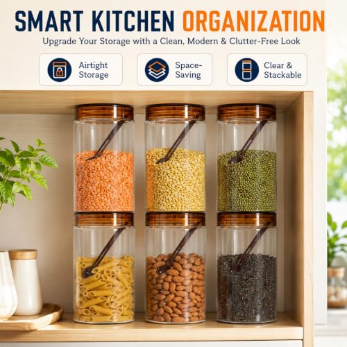 Image of Homeor Plastic Storage Jar & Containers With Spoon, Airtight & BPA Free Containers for Kitchen Storage, Grocery Kitchen Container, Multipurpose Jar, Fridge Storage Container, 2000 ML Set 6, Brown
