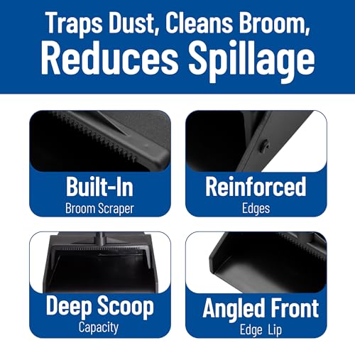 Image of Carlisle FoodService Products Standing Dustpan - Dust Pan with Handle, Serrated Edge, Pivoting Pan Design, for Home, Kitchen, Lobby, or Office, 30 Inch Plastic, Black