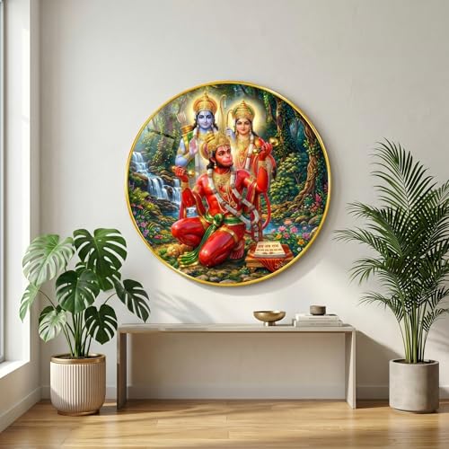Image of SAF Ram Sita with Hanuman Wall Art with PVC Round Frame | Sparkle Laminated Lord Ram Sita Hanuman Devotional Painting | Spiritual Wall Decor for Home Temple Living Room Gift Item