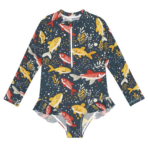ALAZA Animal Fish Bubble Leaf Girls One Piece Swimsuit Long Sleeve Rash Guard Swimsuits UV 50+ Swimwear Zipper