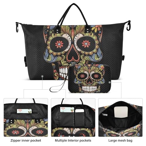 Large Travel Duffel Bag, Skull Mexican Sports Tote Gym Bag, Shoulder Weekender Overnight Bag for Women Men, Carry On Luggage with Toiletry Bags2