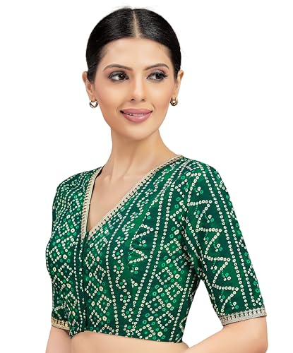 Image of Studio Shringaar Women's Cotton Bandhni Printed & Embroidered Saree Blouse With Elbow Length Sleeves