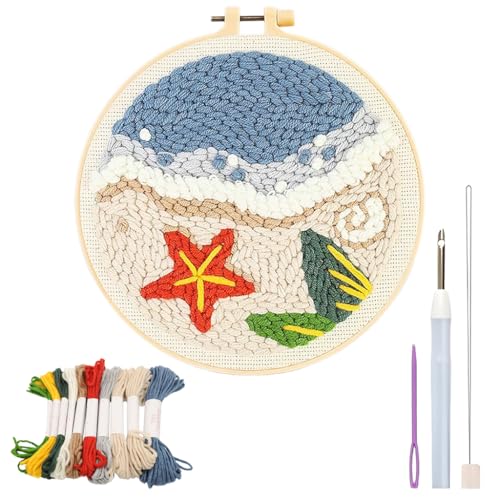 Image of PATPAT Cotton PATPAT 20x20CM DIY Tufting Art Craft Kit Cute Summer Beach Punch Needle Kit Embroidery for Beginners DIY Hoop Embroidery with Punch Needles,Hoop,Art Gift for Kids Adults., Multi Color