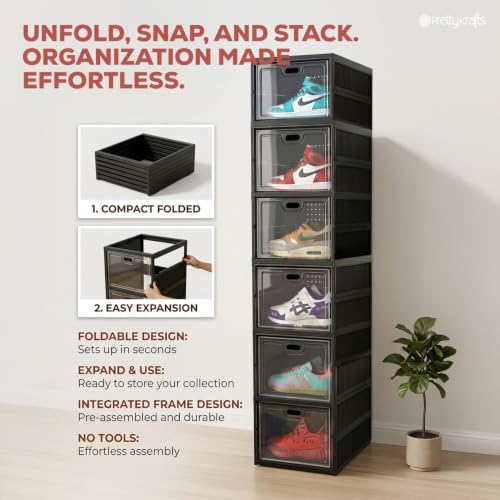 Image of PrettyKrafts 6-Tier Collapsible Shoe Rack with Door | Heavy Duty Plastic Sneaker Crates | Transparent Shoe Boxes | Sneaker Shoe Stand | Organiser for Heels, Boots, Loafers, Slippers,Black