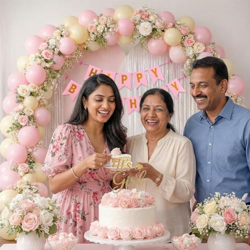 Image of Party Propz Happy Birthday Decoration Kit - 34 Pcs, Pink Banner, White Foil Curtain, Pastel Balloons & Arch Strip, Birthday Decoration for Girls, Boys, Husband