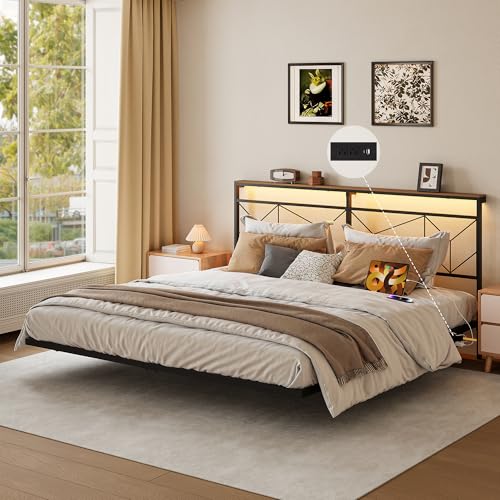 Lista de Base para Colchon King Size Top 5. 50 HOMELYA Base Cama King Size Flotante – Plataforma Metálica con Luces LED, Cabecera Moderna con 1 Puerto USB y 1 Puerto C – Base de Cama King para Recámara – Fácil de Armar