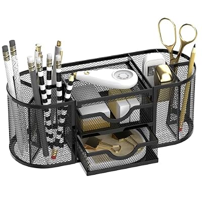 SUPEASY Mesh Desk Organizer, Desk Organizers and Accessories, Pen Holder with Drawers, Pencil Holder for Desk with 2 Drawer for Office Supplies, Black