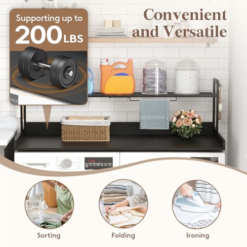 Image of Lifewit Washer Dryer Countertop with Adjustable Shelf,Black,54''x 27.5'' | Adjustable shelf, melamine top cover, edge rails and towel rack support up to 200 lb for laundry room storage