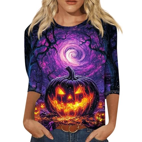 Cute Funny Halloween Shirts for Women Plus Size 3/4 Length Long Sleeve Womens Tops Witch Gothic Renaissance Shirt