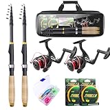 Telescopic Fishing Rods and Reel Combos, 2PCS 5.9ft Carbon Fiber Fishing Pole Full Kit, Spinning Reel Lures Set with Carrier Bag, Saltwater Freshwater Collapsible Fishing Gear for Beginner Adults