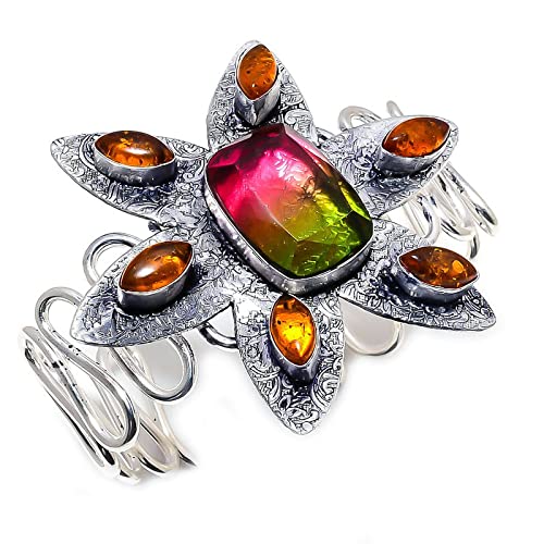 Bracelet manchette argent, tourmaline et ambre, le cadeau artisanal idéal à offrir