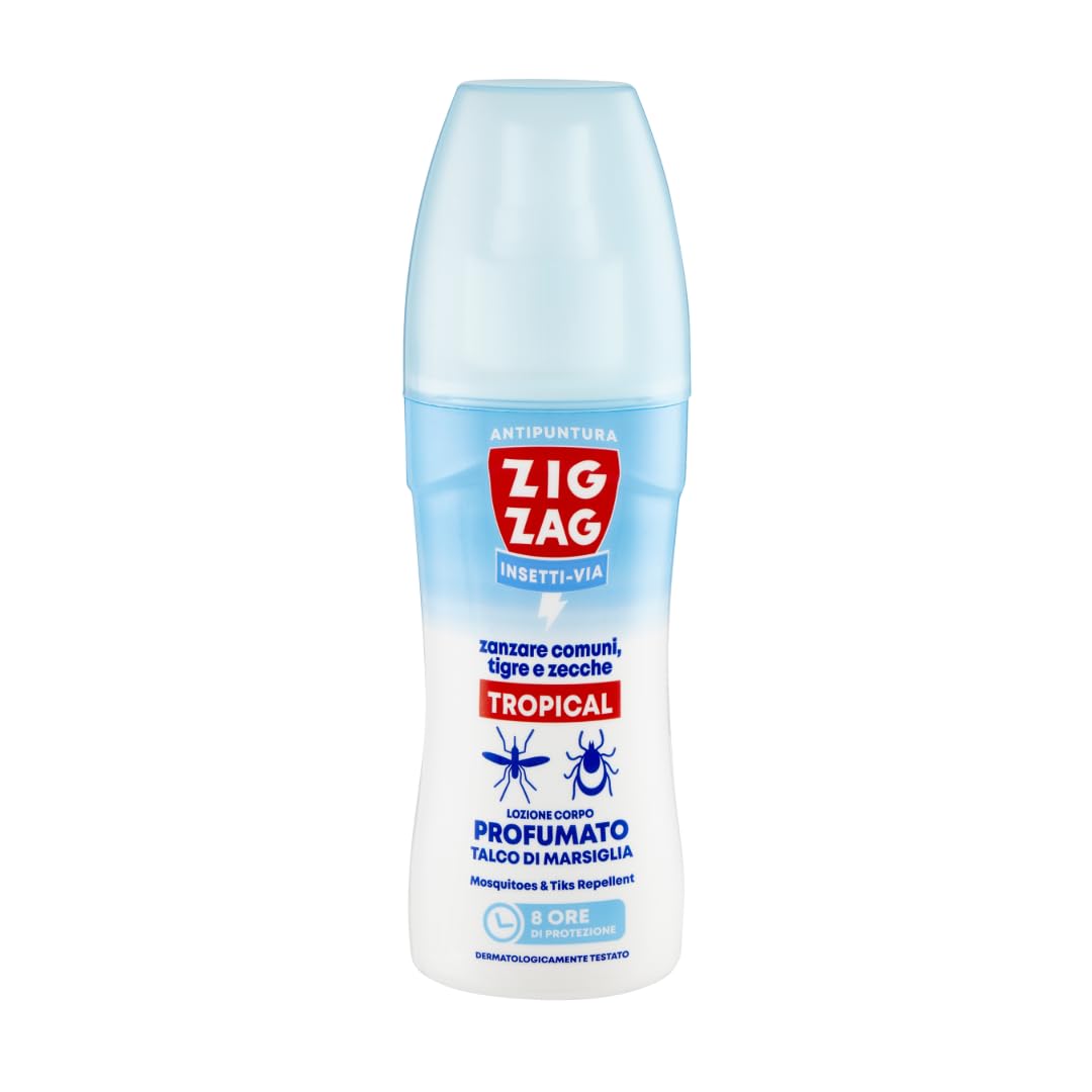 ZIG-ZAG lozione antizanzare corpo, Repellente zanzare zecche tafani, Talco di Marsiglia, 100 ml