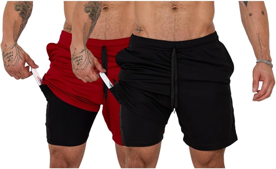 Kit 2 Shorts Duplo Masculino 2 em 1 Bermuda Dry Fit Treino Calção com Bolso Celular Academia Fitness Musculação CLICK MAGAZINE