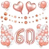 ★ Exquisita decoración de 60er cumpleaños: incluye globos de lámina de oro rosa con el número "60", 24 globos de látex de 12 pulgadas (12 de oro rosa, 6 de blanco, 6 de confeti de oro rosa), 2 globos de corazón, 2 cintas de globos, 1 cartel de cumpleaños rosa, colgante de lentejuelas punteadas. (Con paja)