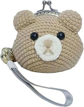 Cute Coin Purse Crochet Bear Coin Purse Kiss Lock Closure Small Pouch with Handle for Change & Keys, Women & Girls Khaki, Ich Dekor