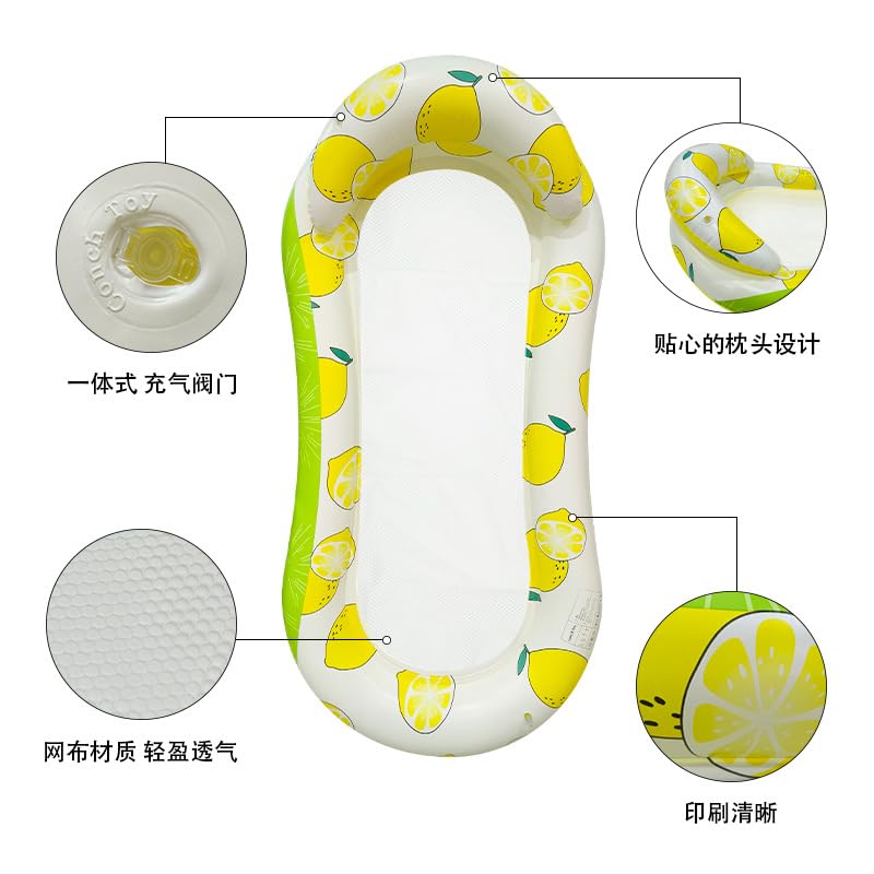 KNYUC MART Inflatable Pool Float Lounger with Lemon Pattern, Mesh Cooling Bed, White and Yellow Lemon Design with Heavy Duty Air Pump (1 Pcs.) - Image 5 thumbnail