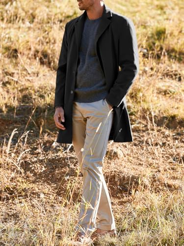 PASLTER Mens Trench Coat Slim Fit Notched Collar Fall Winter Single Breasted Pea Coat Warm Soft Overcoat4