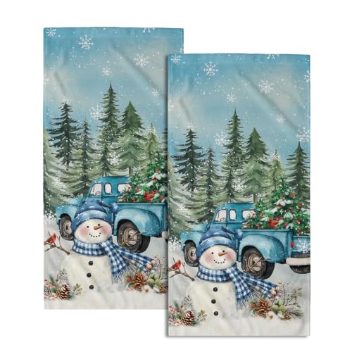 Giwawa Winter Snowman Blue Hand Towels Xmas Truck Fingertip Face Towel Set of 2 Soft Absorbent Kitchen Dish Cloth Bathroom Home Hotel Decorations