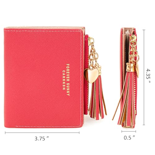 Image of KOTORA Womens Small Wallet Girls Tiny Slim Wallets Pretty Mini Card Holder Thin Short Zip Coin Purse with Love Pendant and Tassels (Cyclamen)