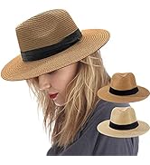 2 Pack Womens Beach Hat Wide Brim Straw Panama Hat Fedora Summer Foldable Sun Hat UPF Straw Hat f...