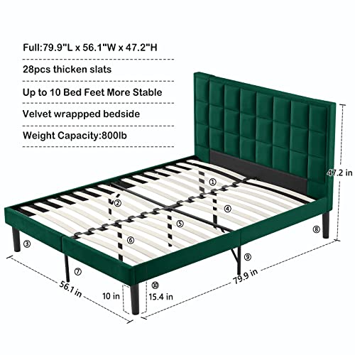 Flolinda Full Size Bed Frame Velvet Upholstered Full Bed Frame With Higher Comfortable Headboard Platform Bed Frame Full Mattress Foundation No Box Spring Needed/Easy Assembly Green #TOP4