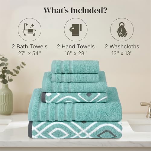 Image of Modern Threads 6 Piece Bath Towel Set - Bathroom Set with 2 Bath Towels, 2 Hand Towels, and 2 Wash Cloths - 100% Cotton, Super Absorbent & Extra Soft - Reversible Classic Diamond (Aqua)
