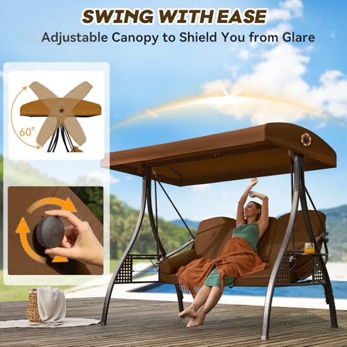 Image of 3 in 1 Outdoor Porch Swing with Adjustable Canopy, 3 Seat Outdoor Swing for Adults, Patio Swing Chair with Thickened Cushions,Pillows & Cup Holders for Backyard, Porch, Garden (Brown)