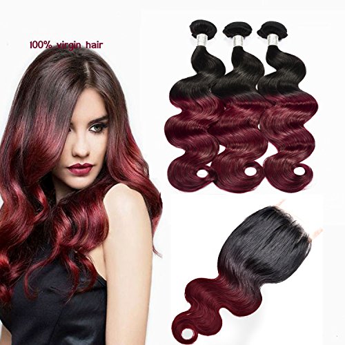 Grace Plus Remy Ombre Hair Bundles with Closure Body Wave Human Virgin Hair Extensions Brazilian Hair Bundles With Closures Burgundy Weave 3 Bundles With Closure18' 20' 22' + 16" Closure T1b/99J Color