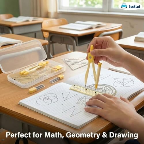 Image of FunBlast Capybara Theme Compass Set - 7 Pcs Transparent Geometry Box with Protector, Set Squares, Ruler, Compasses, Ruler Set, Math Geometry Kit for Student & Professional (Yellow2)