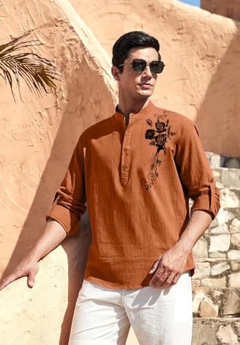 Image of Zombom Men's Cotton Polyester Blend Mandarin Collar Self One Design Printed Full Sleeve Casual Short Kurta Shirt