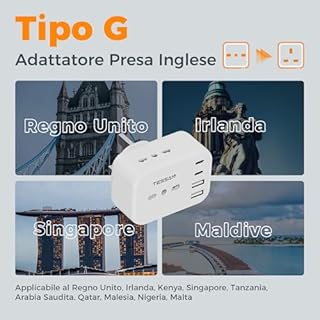 TESSAN Adattatore Presa Inglese con 2 USB C e 2 USB A, 7 in 1 Adattatori Prese Inglesi, Adattatore Spina Inglese 3250 W, Presa Tipo G per Regno Unito, Irlanda, Scozia, Singapore, Dubai, Malta